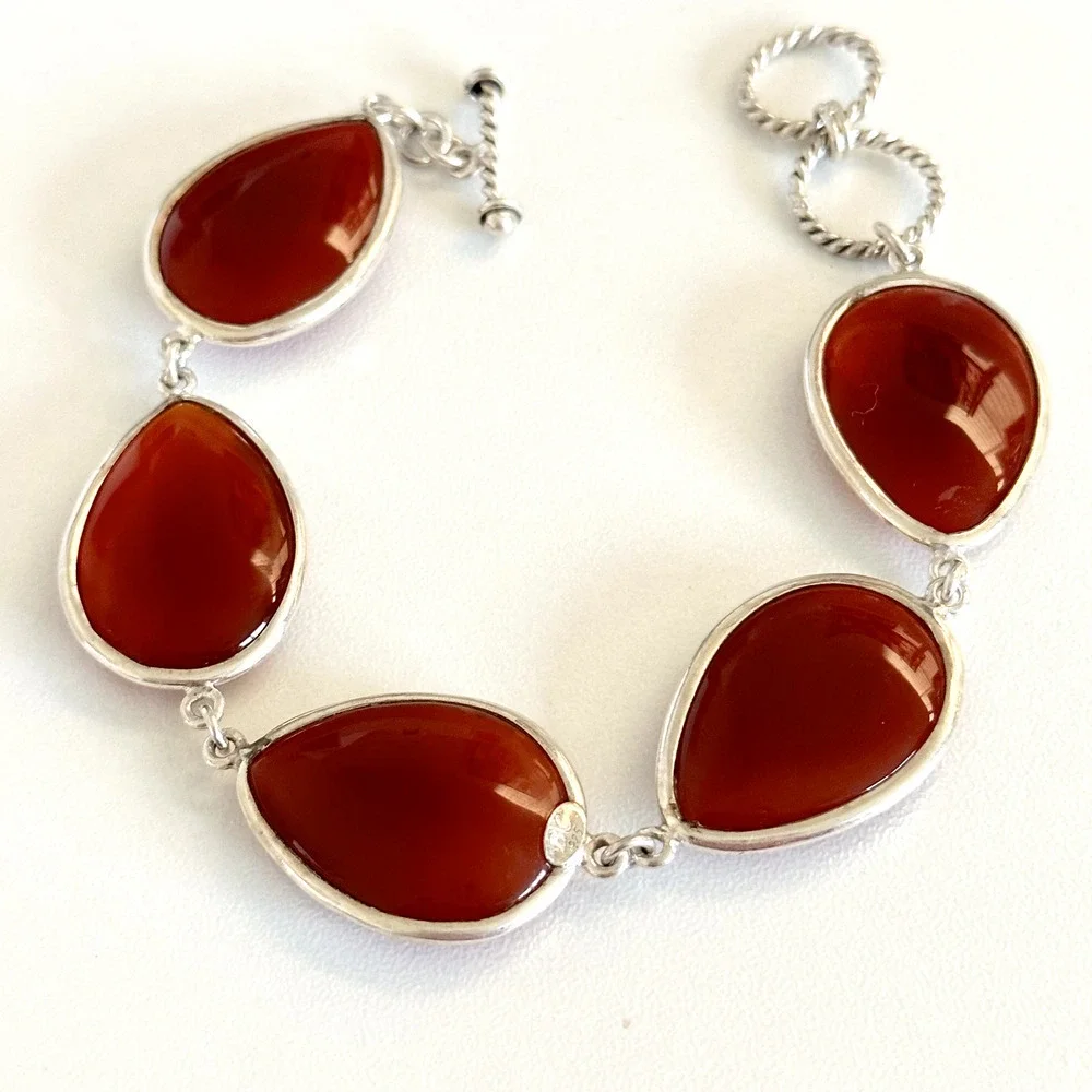 925 Sterling Silver Genuine Carnelian Faceted Teardrop Chain Link Bracelet 7